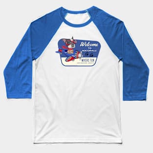 Funny Boston Terrier flying to Bostonville, USA Baseball T-Shirt